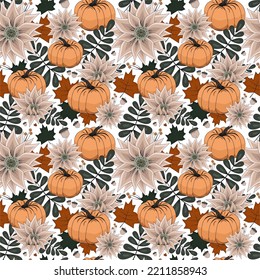 seamless autumn pattern Vector, autumn maple leaves, brown, red, yellow, orange and green leaves and plants, pumpkins for halloween pattern, flat fall design, rowan and acorns, print for fabric