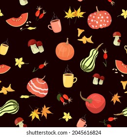 seamless autumn pattern, with a warm atmosphere of decorative pumpkins with mushrooms, leaves, rose hips, a cup of cocoa on a chocolate background for textiles, packaging, Thanksgiving, invitation.