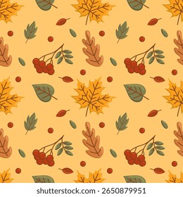 Seamless autumn pattern for warm and cozy design of the season. Leaves, rowan bunches, berries, maple, oak.