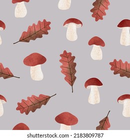 Seamless autumn pattern with watercolor boletus mushrooms and oak leaves. Vector background