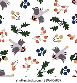 Seamless autumn pattern with waxwing birds, berries and mushrooms isolated on a white background. Fall graphic print.
