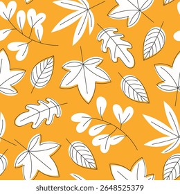 Seamless Autumn Pattern White Leaves on Yellow Background Flat Style