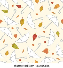 Seamless autumn pattern with white umbrellas and colorful leaves on beige background.

