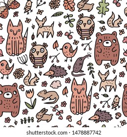 Seamless autumn pattern with wild forest animals for baby products. bear, hedgehog, deer, roe deer, muskrat, bird, owl, fox, squirrel, hare, rabbit, flowers, leaves mushrooms are drawn in doodle style