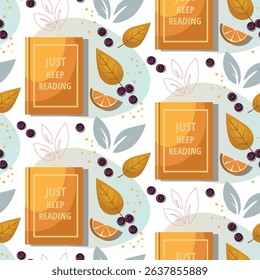 Seamless Autumn pattern with yellow book, autumn leaves and slice of orange and blueberry.