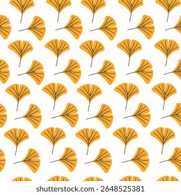 Seamless Autumn Pattern Yellow Ginkgo Leaves on White Background Flat Style
