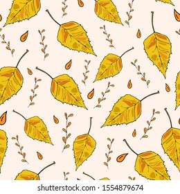 Seamless autumn pattern of yellow leaves and branches. Vector illustration of repeat fall background for scrapbooking, textile, wrapping paper, wallpaper, cover, print design.