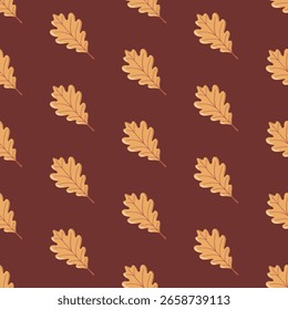 Nahtloses Herbstmuster mit gelben Eichenblättern auf bordeauxfarbenem Hintergrund. Herbst warme Stimmung. Vektorfolien-Hintergrund.