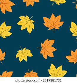 Seamless autumn pattern with yellow and orange leaves on a blue background. Vector illustration