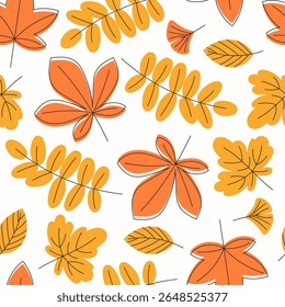 Seamless Autumn Pattern Yellow and Orange Leaves on White Background Flat Style