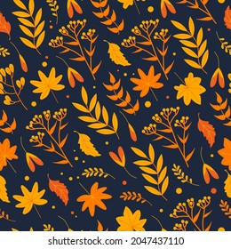 Seamless autumn pattern with yellowed leaves, herbs and flowers in orange tones on a dark background, flat style. For wallpaper, printing on fabric, wrapping, background, clothes