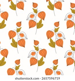 Seamless Autumn Physalis Pattern Flat Style on White Background