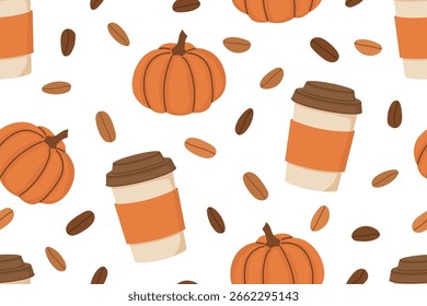 Patrón de café de calabaza de otoño sin costuras, ideal para textiles con temática de otoño, Fondos de pantalla, empaques y diseños de decoración para el hogar - Ilustración vectorial
