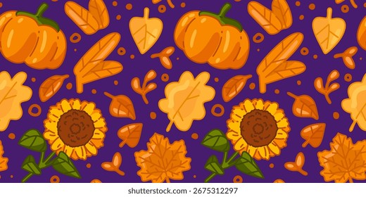 Seamless Autumn Pumpkin Leaf Pattern. Pumpkins, sunflowers and autumn leaves in cartoon flat style. Seamless colorful pattern on purple background.
