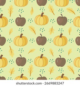 Seamless autumn pumpkin pattern with fall leaves on light green background, seasonal harvest design for packaging, wallpaper and thanksgiving decor.