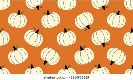 Seamless autumn pumpkin pattern. Fall harvest background with white pumpkins on orange.
