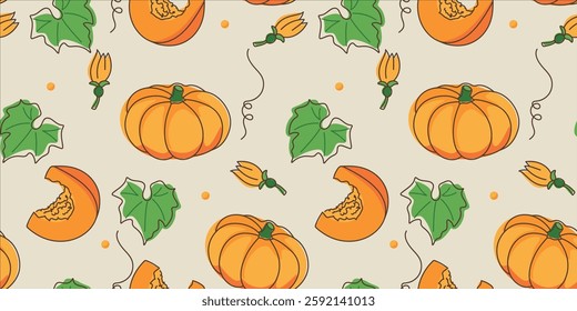 seamless autumn pumpkin pattern with leaves, flowers and slices on beige background, hand drawn seasonal harvest illustration for textile, wrapping, wallpaper, thanksgiving and halloween design