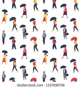 Seamless autumn rain pattern. People holding umbrella, walking on rainy day. Characters background vector illustration.