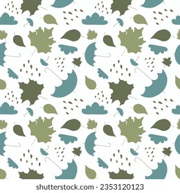 Seamless Autumn Rainy Flat pattern. Vector color illustration with Umbrella, Cloud, Rain, Leaves. Weather Cartoon background for Textile, Banner, Cover, Wrapping paper, Packaging.