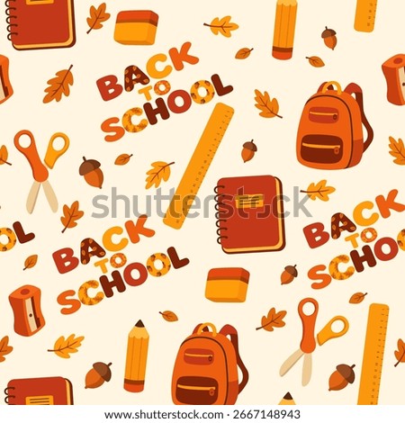 Seamless autumn school supplies pattern with back to school lettering