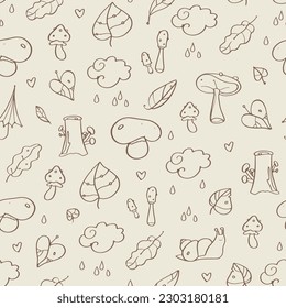 Seamless autumn simple hand-drawn lines pattern - snail, leaves, mushrooms, umbrella, rain drops. Doodles. Brown colors.