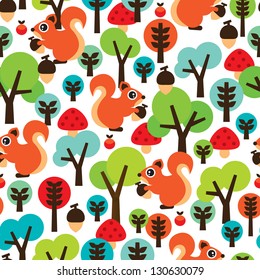 Seamless autumn squirrel forest illustration background pattern in vector