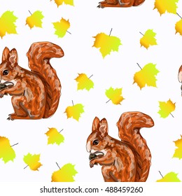 Seamless autumn squirrel illustration background pattern in vector. Autumn leaves . On a white background.