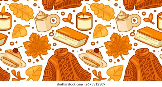 Seamless Autumn Sweater Cake Pattern. Sweater, cake slice, coffee mug and candle with autumn leaves in cartoon flat style. Seamless colorful pattern on white background.