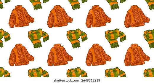 Seamless Autumn Sweater Scarf Pattern. Seamless pattern with cartoon orange sweaters and green plaid scarves in warm autumn colors. Flat style illustration on white background.
