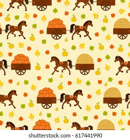 Seamless autumn texture with carts, hay, pumpkins and leaves 