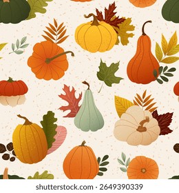 Seamless autumn textured pattern with pumpkins and seasonal foliage. Colorful fall vegetables and leaves in flat vector style for wrapping paper, fabric, print, banner and card design Cozy rustic mood
