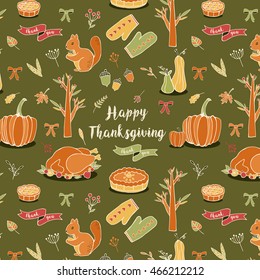 Seamless Autumn Thanksgiving Vector Pattern Green Background