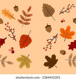 Seamless autumn theme with leaves and acorn on brown background colors