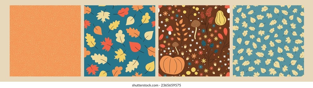Seamless autumn themed contemporary patterns.  Trendy patterns for textile, wallpaper, decoration, poster. Vector illustration.