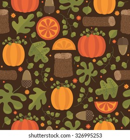 seamless autumn themed pattern with pumpkins, acorns, logs and foliage