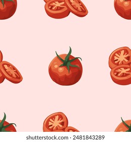 Seamless autumn tomato pattern on soft pink background for rustic vegetable-themed decor