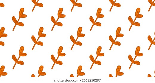 Seamless Autumn Twig Pattern Design. Seamless pattern with cartoon orange twigs on a white background. Autumn botanical design with stylized leaves in flat style.