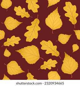 Seamless autumn vector background of yellow gold birch and oak leaves placed on dark red background