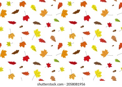Seamless autumn vector from maple and oak leaves with acorns on white background. Bright pattern from natural materials. Design element