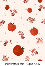 Seamless autumn vector pattern of apples, Rowan branches