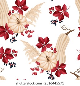 Patrón de Vector de otoño sin fisuras con calabazas beige, hojas enredaderas rojas de Virginia, bayas y hierbas ornamentales. Ideal para diseños de temporada, añadiendo calidez y elegancia con Elementos inspirados en otoño.