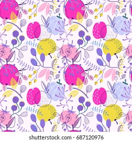 Seamless autumn vector pattern with colorful trees and birds