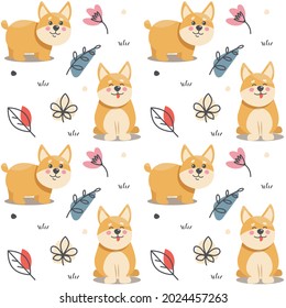 Seamless autumn vector pattern with cute corgi dogs and leaves. Cute dog character in cartoon style. Vector illustration