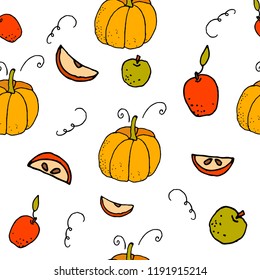 Seamless autumn vector pattern design for your textile with apples, pumpkins and apple slices on white background