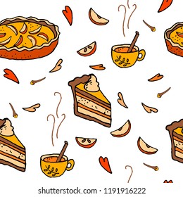 Seamless autumn vector pattern design for your textile, cafe, menu with apples, apple slices, apple pie, hearts, clove and tea cup on white background