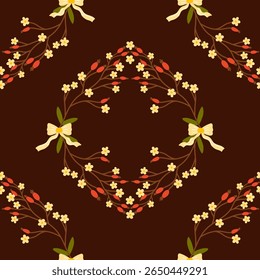 Seamless autumn vector pattern with dried flowers, fall leaves, cranberries. Cozy design for seasonal fabric, wrapping paper, Thanksgiving textiles, and home decor.