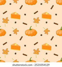 Seamless autumn vector pattern featuring pumpkins, pumpkin pies, maple leaves, cinnamon sticks, and star anise. Perfect for seasonal designs, textiles, packaging, or digital backgrounds.