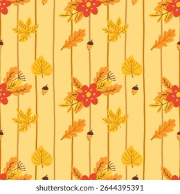 Seamless autumn vector pattern with hand-drawn leaves in warm yellow and orange tones. Perfect for seasonal textiles, wrapping paper, and cozy fall designs.