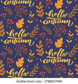 Seamless autumn vector pattern with leaves, acorns, berry, 