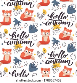 Seamless autumn vector pattern with leaves, fox, acorns